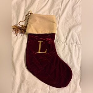 NWOT velvet Christmas stocking monogrammed with initial “L”